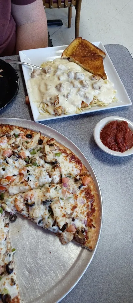 Veggie Pizza Chicken Alfredo Pasta